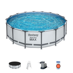 BESTWAY POOL Steel Pro MAX Frame Komplett-Set mit Filterpumpe + Sicherheitsleiter, Abdeckplane, rund, 366 / 427 / 488 x122