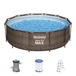 Bestway Swimming Pool Ø 366 x 100 cm Steel Pro MAX Rattan Pool Rund Schwimmbecken mit Filterpumpe und Poolleiter